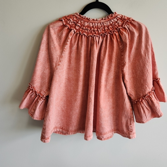 Free People Peach Flutter Sleeve Blouse with Smocked Ruffles Boho Bohemian Baggy - Picture 5 of 12